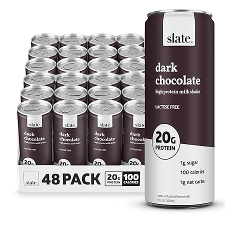 Slate Milk - High Protein Milk Shake - Dark Chocolate - Lactose Free, 20g Protein, 1g Sugar, 100 Calories, 1g Net Carbs, No Added Sugar - Natural, Breakfast Boost, Post Workout - 11 fl oz, 48 Cans