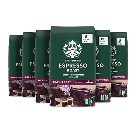 Starbucks Whole Bean Coffee, Dark Roast Coffee, Espresso Roast, 100% Arabica, 6 bags (18 oz each)