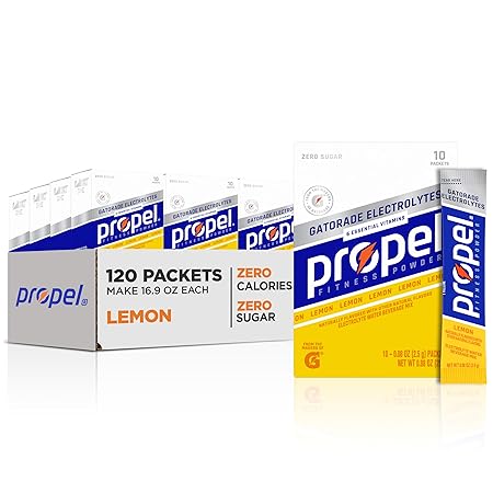 Propel Electrolyte Enhanced Water Drink Mix Powder Packets, Lemon, Zero Calorie & Zero Sugar Hydration with Electrolytes and Vitamins C & E (120 Packets)