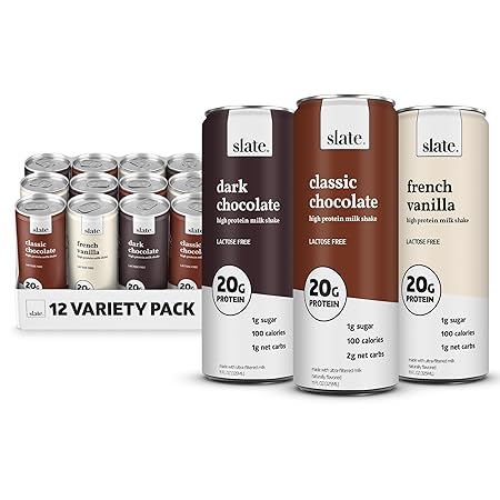 Slate Milk - High Protein Milk Shake - Core Variety Pack - Classic Chocolate, Dark Chocolate, French Vanilla - Lactose Free, 20g Protein, 1g Sugar, 100 Calories, 1-2g Net Carbs - 11 fl oz, 12 Cans