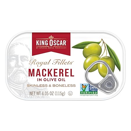 King Oscar Mackerel in Olive Oil, 4.05 Ounce Can (Pack of 1, Packaging May Vary), Skinless & Boneless, Wild Caught Canned Mackerel