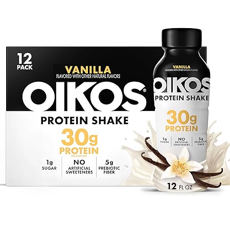Oikos Protein Shake, Vanilla, 30g High Protein Drinks, Shelf Stable, Ready to Drink, 5g Prebiotic Fiber, 12 fl oz Bottle, 12 Count