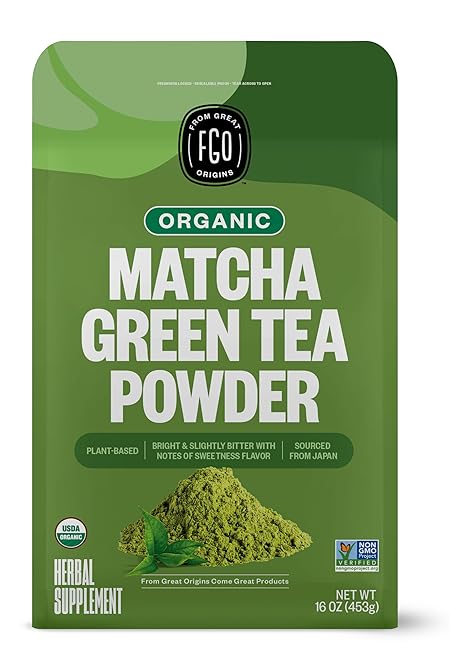 FGO Organic Matcha Green Tea Powder, Japanese Culinary Grade for Cooking, Baking, or Smoothies, 16oz Bulk Resealable Bag, Packaging May Vary (Pack of 1)