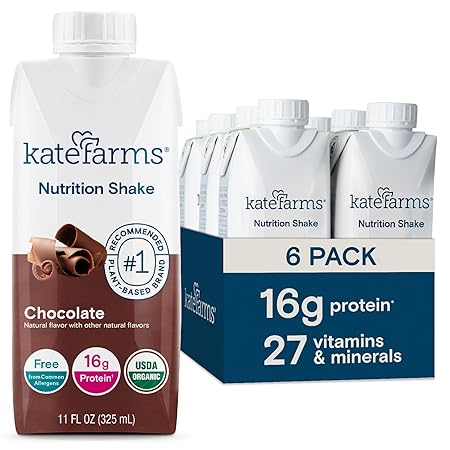 KATE FARMS Organic Nutrition Shake, Chocolate, 16g protein, 27 Vitamins and Minerals, Protein Meal Replacement Drink, Plant Based, 11 oz (6 Pack)