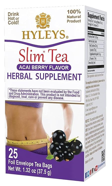 Hyleys Slim Tea Acai Berry Flavor - Weight Loss Herbal Supplement Cleanse and Detox - 25 Tea Bags (12 Pack)