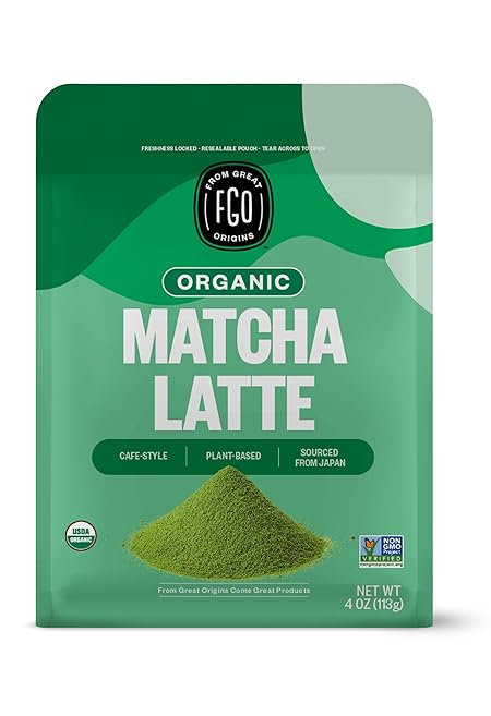 FGO Organic Matcha Latte Powder, 16 Ounce Bulk Resealable Bag, Japanese Matcha with Organic Cane Sugar, Lightly Sweetened, Packaging May Vary (Pack of 1)