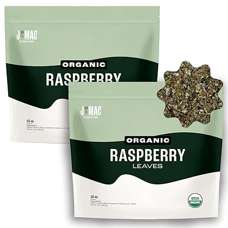 J Mac Botanicals, Organic Red Raspberry Leaf, Herbal tea (16 ounce bag 200+ cups) cut & sifted dried leaf, pack of 2