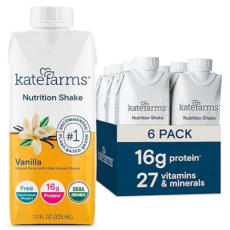 Kate Farms Organic Nutrition Shake, Vanilla, 16g Protein, 27 Vitamins and Minerals, Meal Replacement, 11 oz, 6 Pack