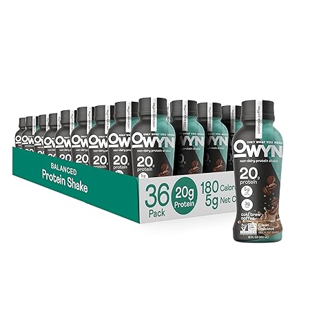 OWYN Only What You Need Vegan Plant Based Protein Shake, Cold Brew Coffee, 36 Pack, 20g Plant Protein, 148mg of Caffeine, Omega-3, Prebiotic Supplements, Gluten-Free, Soy-Free, Non-GMO