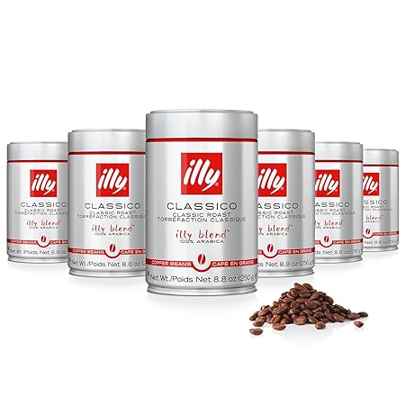 Illy Whole Bean Coffee, Classico Medium Roast - Mild & Balanced - 100% Arabica - Whole Beans - Pressurized Packaging Sealed for Freshness - 8.8oz can (Pack of 6)