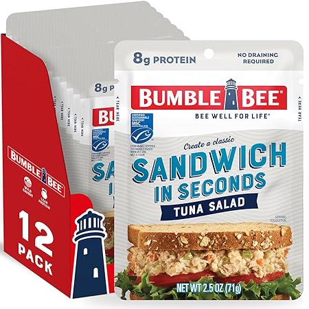 Bumble Bee Sandwich in Seconds Tuna Salad, 2.5 oz Pouches (Pack of 12) - Ready to Eat - Wild Caught Tuna Packet - 8g Protein per Serving - Gluten Free