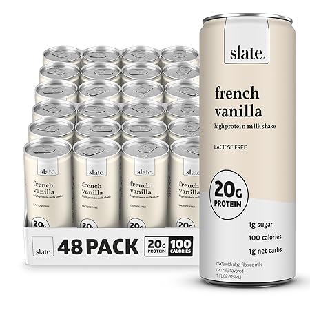 Slate Milk - High Protein Milk Shake - French Vanilla - Lactose Free, 20g Protein, 1g Sugar, 100 Calories, 1g Net Carbs, No Added Sugar - Natural, Breakfast Boost, Post Workout - 11 fl oz, 48 Cans
