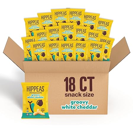Hippeas Chickpea Puffs, Vegan White Cheddar, 0.8 Ounce (Pack of 18), 3g Protein, 2g Fiber, Vegan, Gluten-Free, Crunchy, Plant Protein Snacks