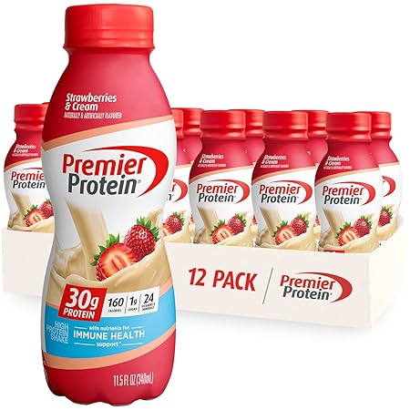 Premier Protein Shake, Strawberries & Cream, 30g Protein 1g Sugar 24 Vitamins Minerals Nutrients to Support Immune Health, 11.5 fl oz (Pack of 12)