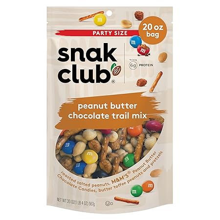 Snak Club Peanut Butter Chocolate Trail Mix with Peanuts, Peanut Butter M&M’S, Toffee Peanuts, and Pretzels, 20 oz Resealable Bag