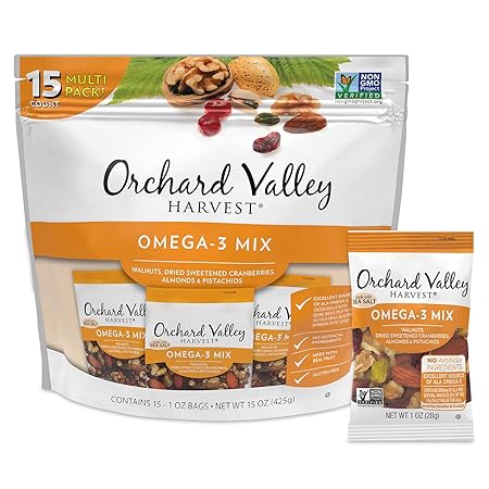 Orchard Valley Harvest Omega-3 Mix, 1 Ounce Bags (Pack of 15), Walnuts, Cranberries, Almonds, and Pistachios, Gluten Free, Non-GMO, No Artificial Ingredients, Healthy Snacks for Adults