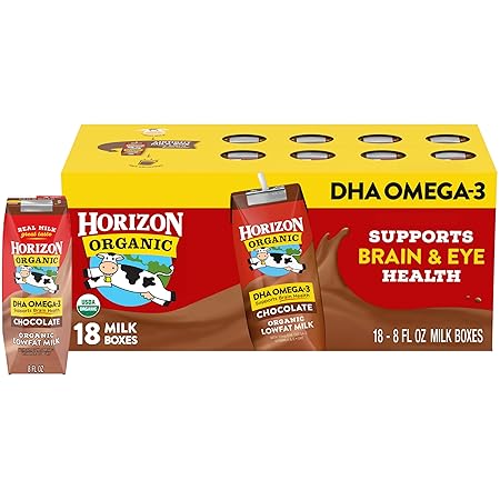 Horizon Organic Shelf Stable 1% Lowfat DHA Omega-3 Chocolate Milk Boxes, 8 fl oz, 18 Count - 8g Protein per Serving, USDA Organic UHT from Pasture-Raised Cows, Ready to Drink for Lunchbox, Travel, or On-the-Go, No Refrigeration Needed