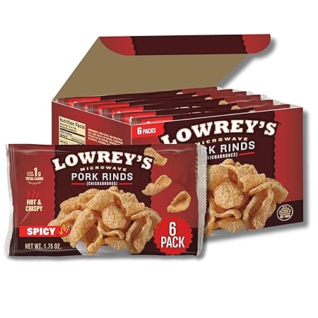 Lowrey's Bacon Curls Microwave Pork Rinds (Chicharrones), Hot and Spicy, 1.75 Ounce (Pack of 6) (Packaging May Vary)
