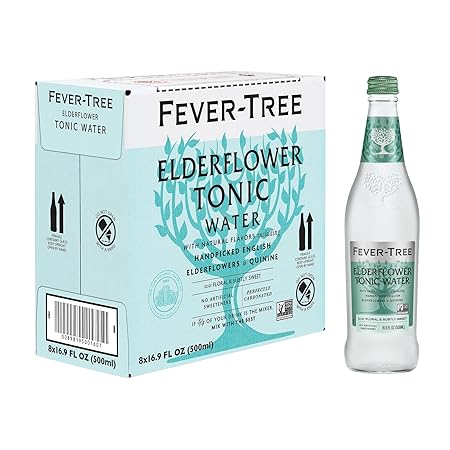 Fever-Tree Tonic Water Glass Bottles, No Artificial Sweeteners, Flavorings & Preservatives, Elderflower, 16.9 Fl Oz (Pack of 8)