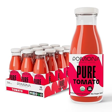Pomona Organic Juices Pure Tomato Juice, 8.4 Ounce Bottle (Pack of 12), Cold Pressed Organic Juice, Non-GMO, No Sugar Added, Not from Concentrate, Gluten Free, Kosher Certified, Preservative Free