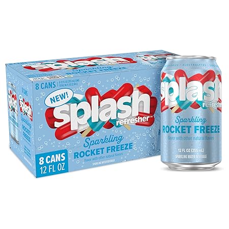 Splash Refresher Sparkling Water, Rocket Freeze - 8-Pack, 12 Fl Oz Cans - Flavored Carbonated Seltzer Water with Electrolytes, Zero Sugar & Zero Calories