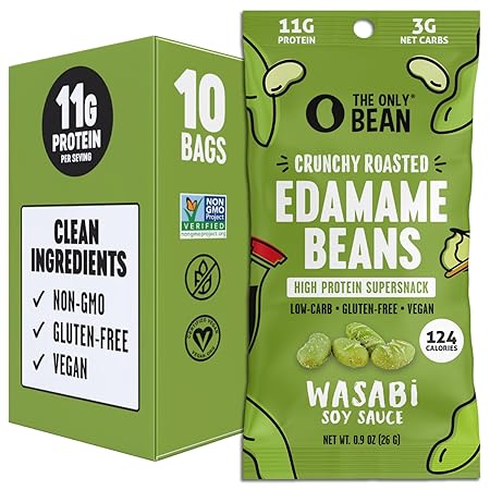 The Only Bean Crunchy Roasted Edamame Snacks (Wasabi Soy Sauce), Healthy High Protein Snacks, Low Carb, Keto Friendly, Gluten Free, Vegan, Lunch, Office, Adults and Kids, 0.9 Ounce (Pack of 10)