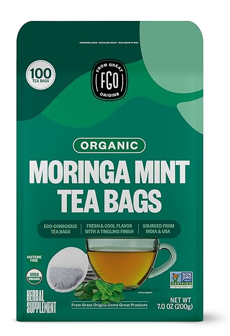 FGO Organic Moringa Mint Tea, 100 Count, Eco-Conscious Herbal Tea Bags, Resealable Bag, Caffeine Free, Packaging May Vary (Pack of 1)