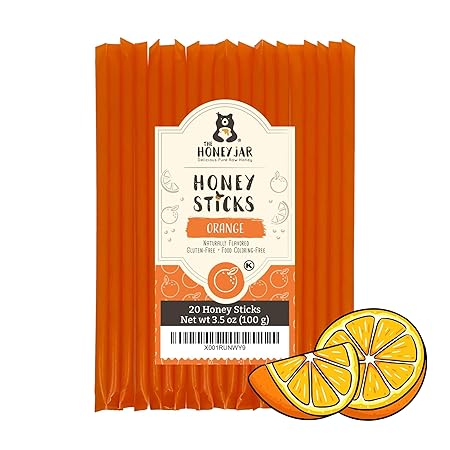 The Honey Jar Orange Flavored Honey Sticks - Pure Honey Straws For Tea, Coffee, or a Healthy Treat - One Teaspoon of Flavored Honey Per Stick - Made In The USA with Real Honey - (20 Count)