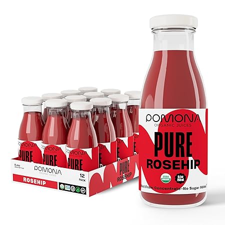 Pomona Organic Juices Pure Rosehip Juice, 8.4 Ounce Bottle (Pack of 12), Cold Pressed Organic Juice, Non-GMO, No Sugar Added, Not from Concentrate, Gluten Free, Kosher Certified, Preservative Free