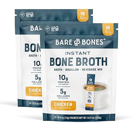 Bare Bones Chicken Bone Broth Instant Powdered Mix | Rich Savory Packets on-the-Go No Artificial Flavors | Keto & Paleo Friendly | 10g Protein | 32 Pack
