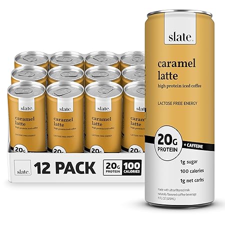 Slate Milk - High Protein Iced Coffee - Caramel Latte - 175mg Caffeine, Lactose Free Energy - 20g Protein, 1g Sugar, 100 Calories, 1g Net Carbs, No Sugar Added - Protein Coffee - 11 fl oz, 12 Cans