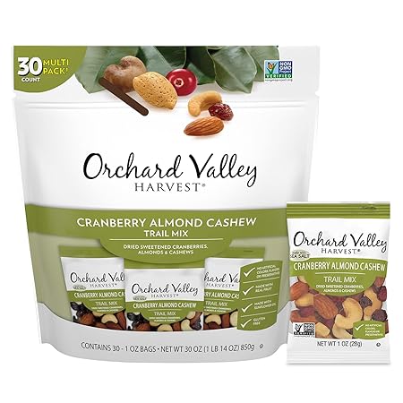 Orchard Valley Harvest Cranberry Almond Cashew Trail Mix, 1 oz (Pack of 30), Cranberries, Almonds, and Cashews, Non-GMO, No Artificial Ingredients, Healthy Snacks for Adults