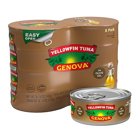Genova Premium Yellowfin Tuna in Olive Oil, 5 Ounce Cans, 8-Pack – Nutrient Rich, High Protein Canned Tuna Fish - Delicious, Easy, Nutritious Ready to Eat Meals