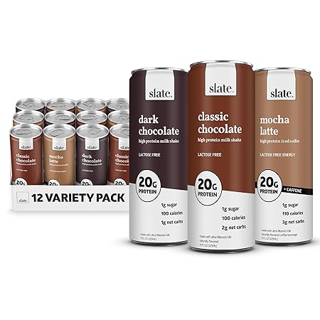 Slate Milk - High Protein Milk Shake - Chocolate Variety Pack - Chocolate, Dark Chocolate, Mocha Latte - Lactose Free, 20g Protein, 1g Sugar, 100-110 Calories, 1-3g Net Carbs - 11 fl oz, 12 Cans