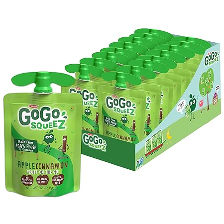 GoGo squeeZ Applesauce and Fruit Puree, Apple Cinnamon, 3.2 oz (Pack of 18), Unsweetened Fruit Snacks for Kids, Gluten Free, Nut Free and Dairy Free, BPA Free Pouches (Packaging May Vary)