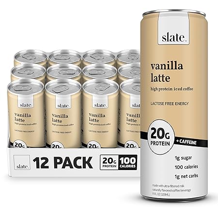 Slate Milk - High Protein Iced Coffee - Vanilla Latte - 175mg Caffeine, Lactose Free Energy - 20g Protein, 1g Sugar, 100 Calories, 1g Net Carbs, No Sugar Added - Protein Coffee - 11 fl oz, 12 Cans