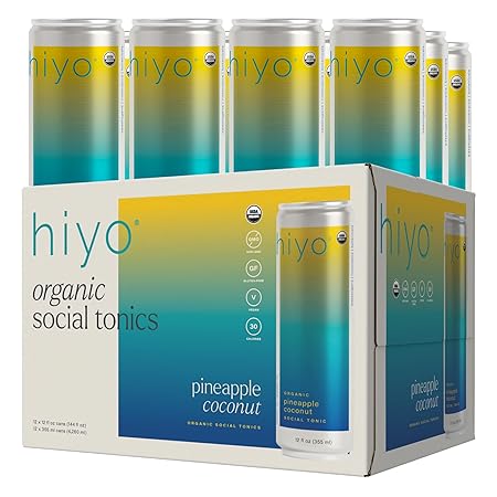 Hiyo Organic Social Tonic - Pineapple Coconut, 12 Pack - N.A. Functional Seltzer, Sparkling Water Crafted with Organic Adaptogens, Nootropics & Botanicals