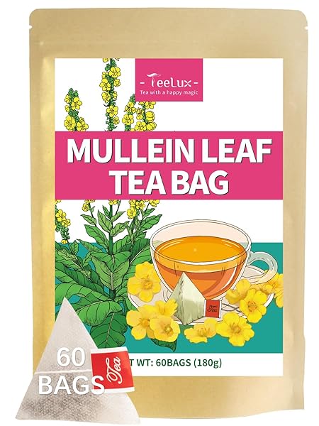 TeeLux Mullein Leaf Tea Bags, 3g/Bag, 60 Count, Natural Mullein Leaves, Caffeine Free, Biodegradable Corn Fiber Pyramid Tea Bags