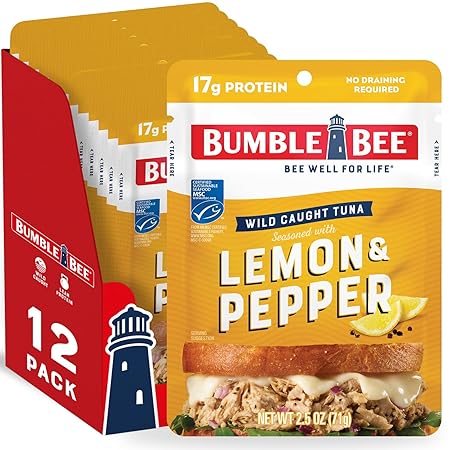 Bumble Bee Lemon & Pepper Seasoned Tuna, 2.5 oz Pouches (Pack of 12) - Ready to Eat - Wild Caught Tuna Packet - 17g Protein per Serving - Gluten Free