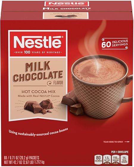 Nestle Hot Chocolate Packets, Milk Chocolate Flavor Hot Cocoa Mix, Made with Real Cocoa, Bulk Pack, 0.71 oz Packet (60 Count)