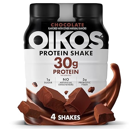 Oikos Protein Shake, Chocolate, 30g High Protein Drinks, Shelf Stable, Ready to Drink, 5g Prebiotic Fiber, 12 fl oz Bottle, 4 Count