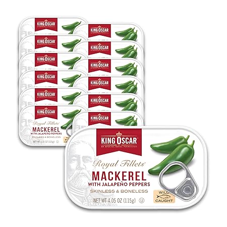 King Oscar Mackerel in Olive Oil with Jalapeño Peppers, 4.05 Ounce Cans (Pack of 12, Packaging May Vary), Skinless & Boneless, Wild Caught Canned Mackerel