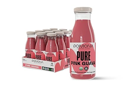 Pomona Organic Juices Pure Pink Guava Juice, 8.4 Ounce Bottle (Pack of 12), Cold Pressed Organic Juice, Non-GMO, No Sugar Added, Not from Concentrate, Gluten Free, Kosher Certified, Preservative Free
