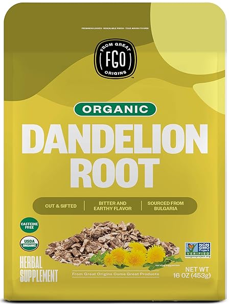 FGO Organic Dandelion Root Loose Tea, Cut and Sifted, Caffeine Free, 16oz Bulk Resealable Bag, Packaging May Vary (Pack of 1)