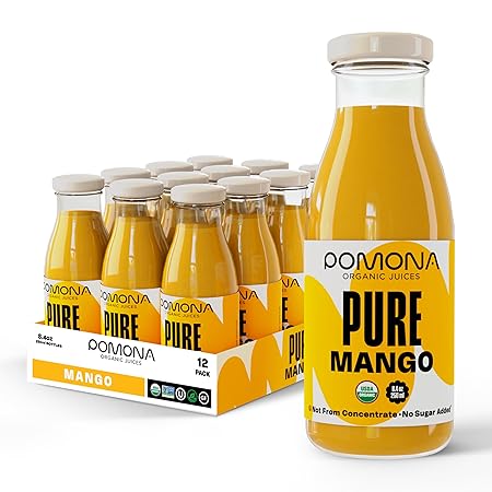 Pomona Organic Juices Pure Mango Juice, 8.4 Ounce Bottle (Pack of 12), Cold Pressed Organic Juice, Non-GMO, No Sugar Added, Not from Concentrate, Gluten Free, Kosher Certified, Preservative Free