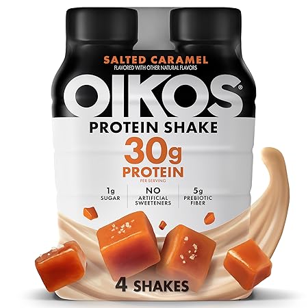 Oikos Protein Shake, Salted Caramel, 30g High Protein Drinks, Shelf Stable, Ready to Drink, 5g Prebiotic Fiber, 12 fl oz Bottle, 4 Count