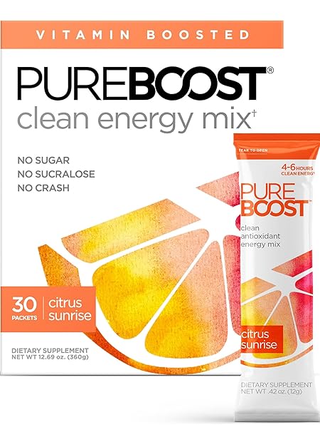 Pureboost Clean Energy Booster, Refreshing Energy Drink Mix with B12 Vitamins, Electrolytes, Antioxidants, Sugar-Free with No Sucralose (Citrus Sunrise, 30 Count)