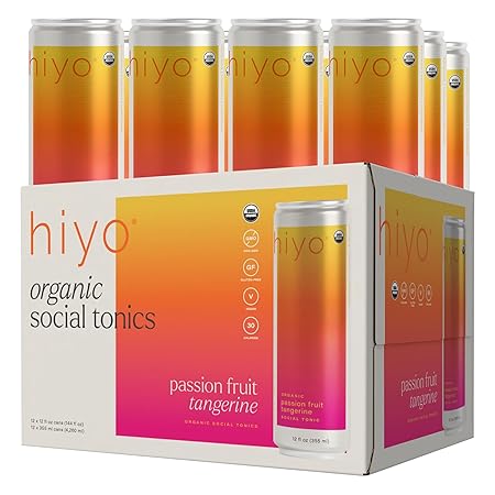 Hiyo Organic Social Tonic- Passion Fruit Tangerine, 12 Pack – N.A. Functional Seltzer, Sparkling Water Crafted with Organic Adaptogens, Nootropics, & Botanicals
