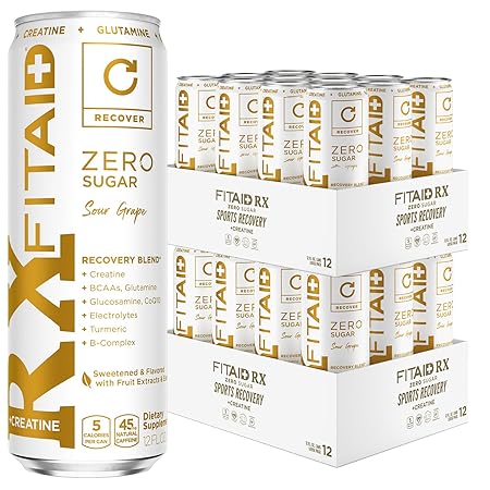 FITAID RX Zero, Creatine Monohydrate, 5 Calories, Keto-Friendly Post-Workout Recovery Drink, BCAAs, L-Glutamine, Turmeric, Electrolytes, B-Complex, 12 Fl Oz (Pack of 24)