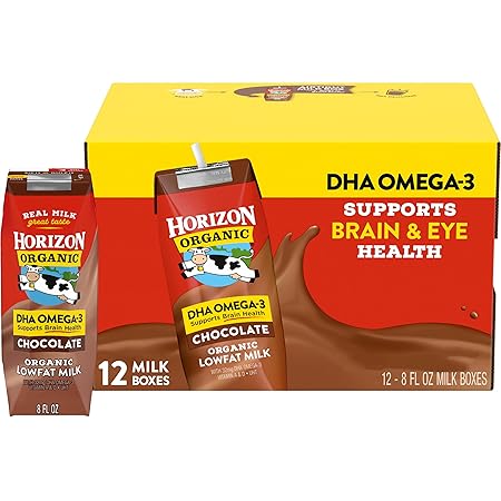 Horizon Organic Shelf Stable 1% Lowfat DHA Omega-3 Chocolate Milk Boxes, 8 fl oz, 12 Count - 8g Protein per Serving, USDA Organic UHT from Pasture-Raised Cows, Ready to Drink for Lunchbox, Travel, or On-the-Go, No Refrigeration Needed